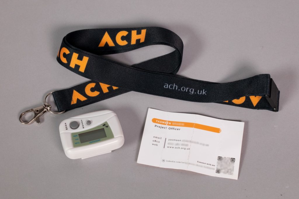 a lanyard, pedometer and business card