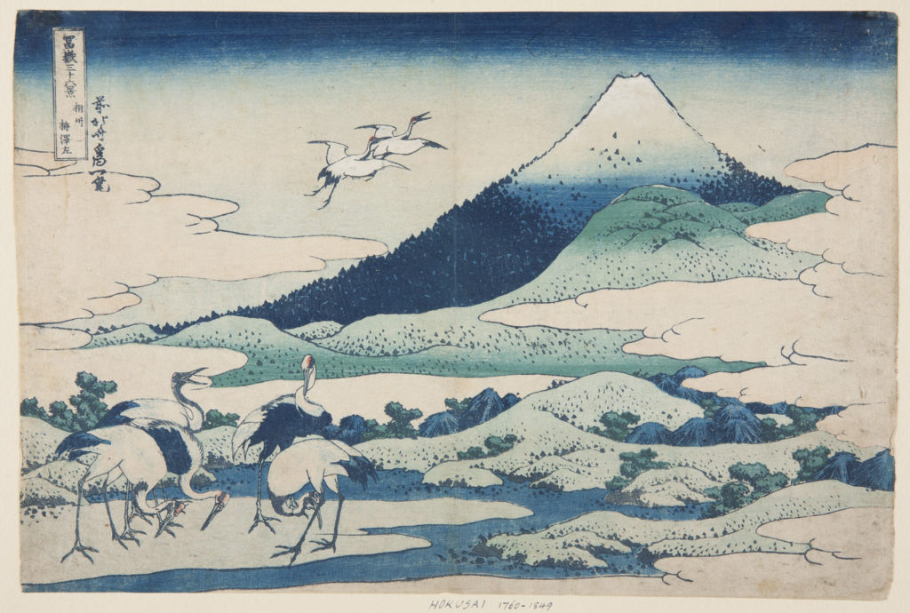 Japanese print of a landscape. In the foreground are five storks. Two additional storks fly over the landscape of hills and forests. Mount Fuji rises through the clouds.