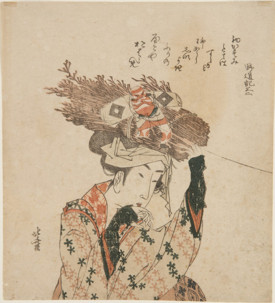 Japanese print of a woman dressed in traditional clothes carrying bundles of twigs on her head.