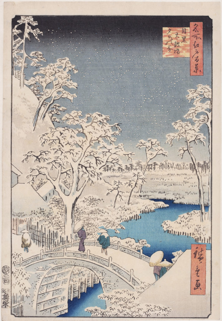 Japanese print of a snowy landscape, people dressed in traditional clothes cross the bridge to some buildings, a river weaves through the scene and snow ladened trees rise from the banks.