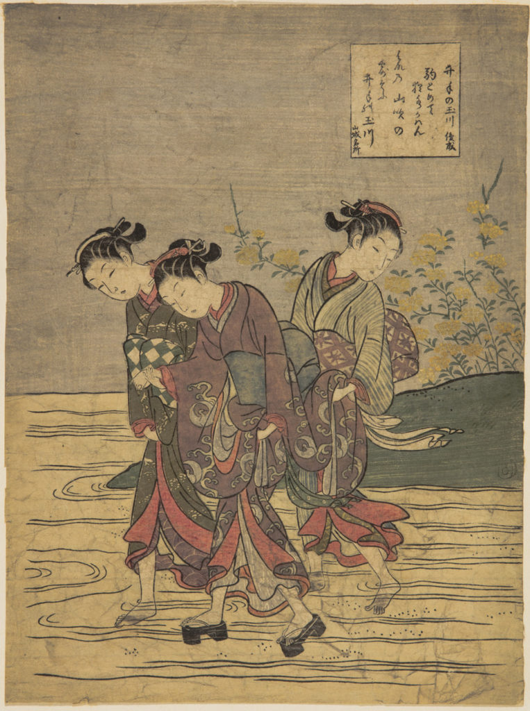 Japanese print of three women in traditional clothes, they hold their skirts up as they walk through water, two are barefoot, one wears platform shoes, the bank behind has flowers on it.