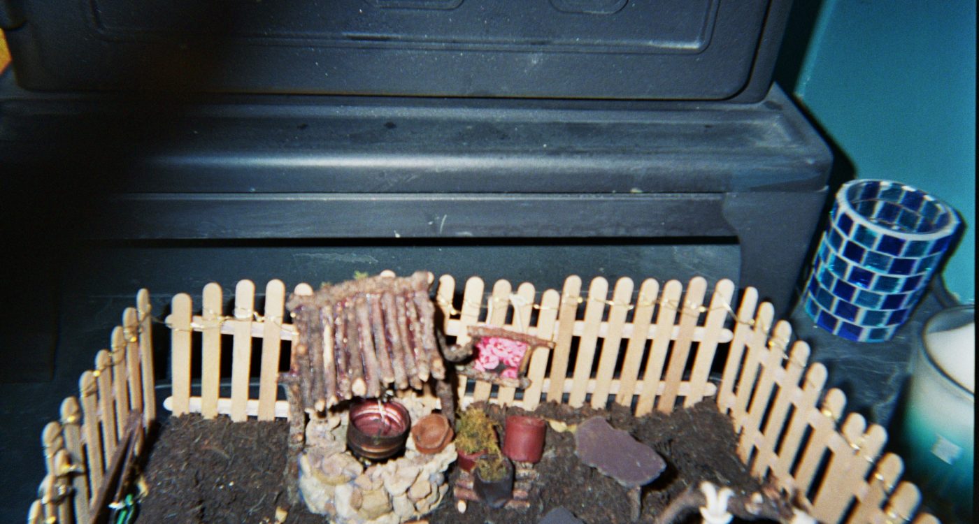 Elio's photograph (for the 21st Century Kids) of the fairy garden. there is a little well and a fence that looks like its made out of icelolly sticks.
