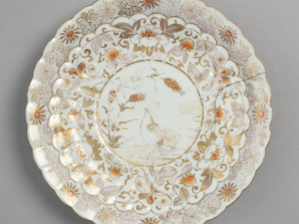 Dish with design of quails and millet in gold on white