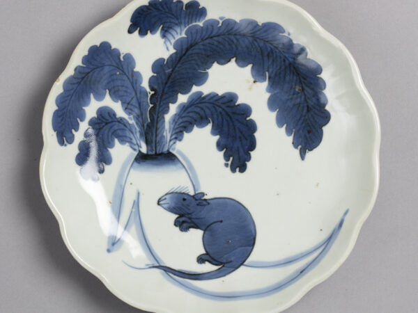 Dish with blue on white design of rat and radish