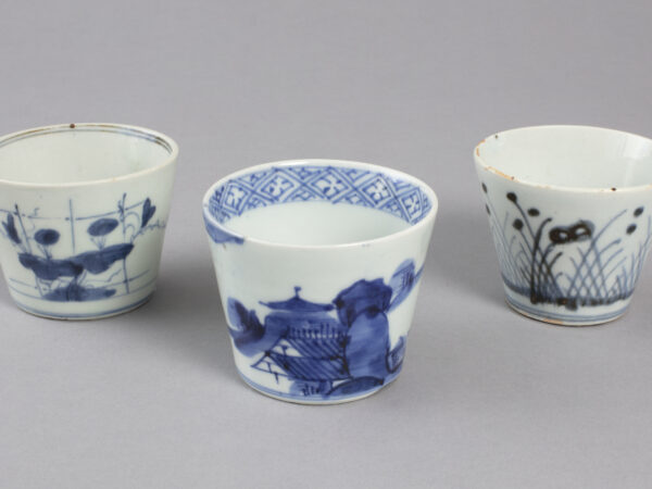 three soba cups with various designs: morning glories and butterflies, landscape and long grass and fireflies