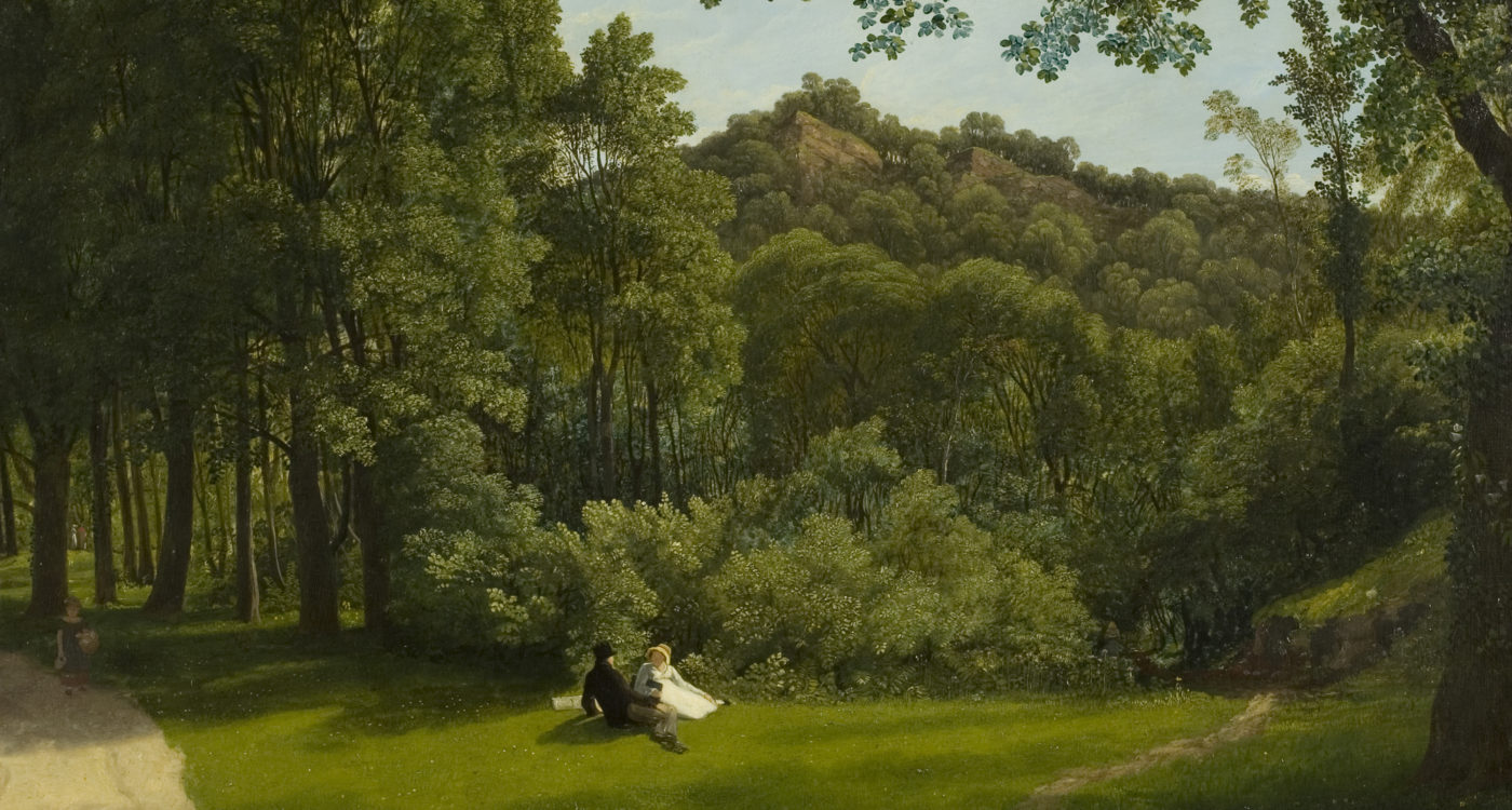 A painting of two a man and woman sat down by a forest