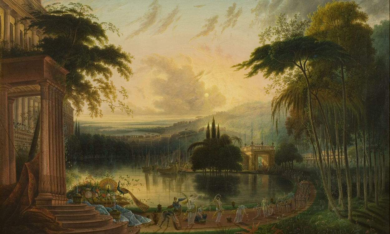 Painting of a lush green lake opening. named A Romantic Landscape with the Arrival of the Queen of Sheba, about 1830, oil on canvas, by samuel colman