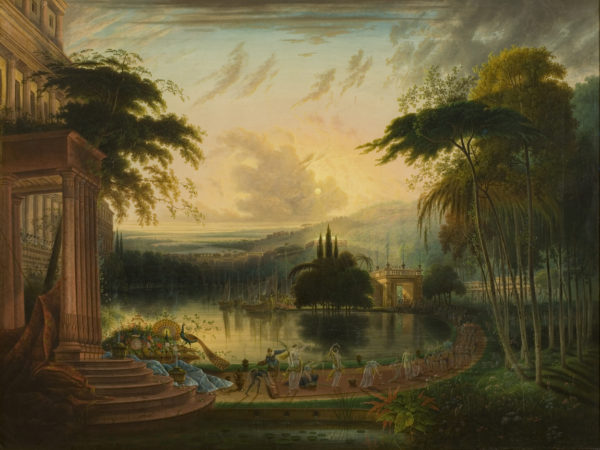 Painting of a lush green lake opening. named A Romantic Landscape with the Arrival of the Queen of Sheba, about 1830, oil on canvas, by samuel colman