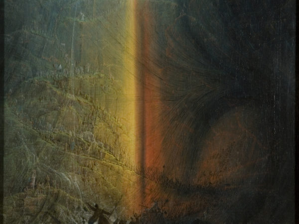 a cave with light entering the top of it. Named the Destruction of Pharaoh's Host, about 1830, oil on canvas. Painting by Samuel Colman