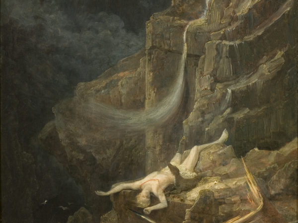 Man laid on a rock. Named The Precipice, about 1827, oil on panel. By Francis Danby