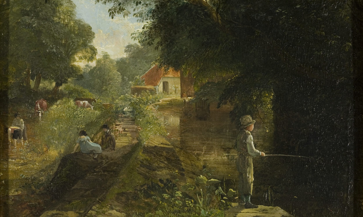 A painting of a forest and boy fishing