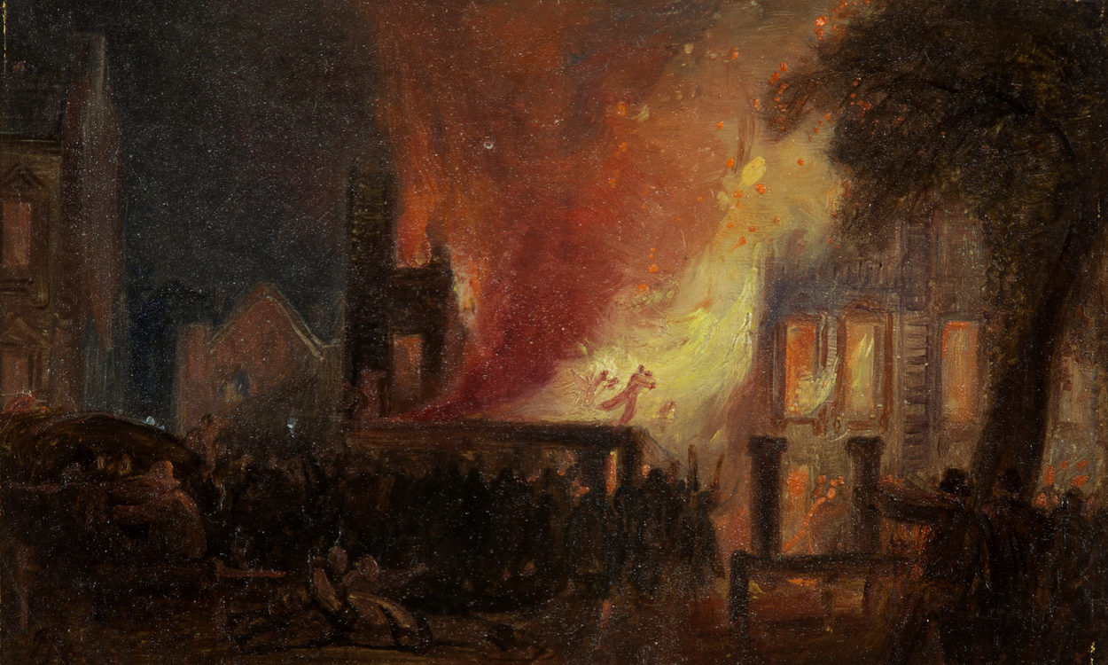 painting of a fire in bristol, a man is in the flames