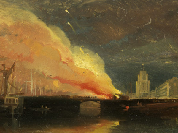 painting of fire by bristol harbor