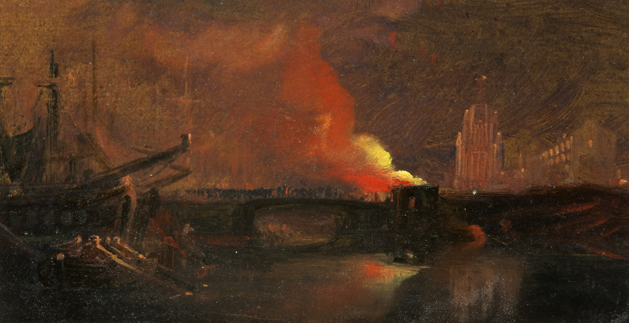 painting of fire by bristol docks