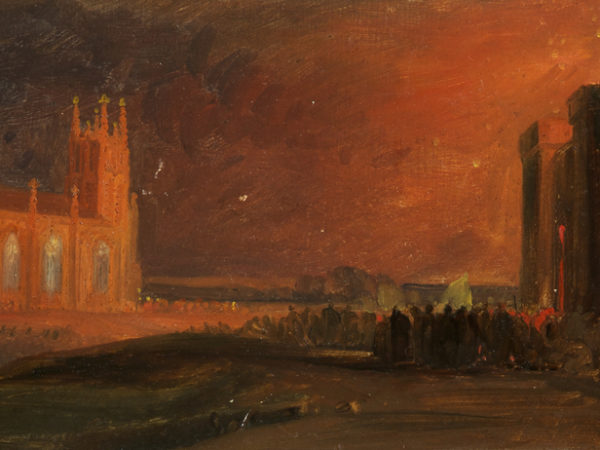 painting of fire in bristol by cathedral