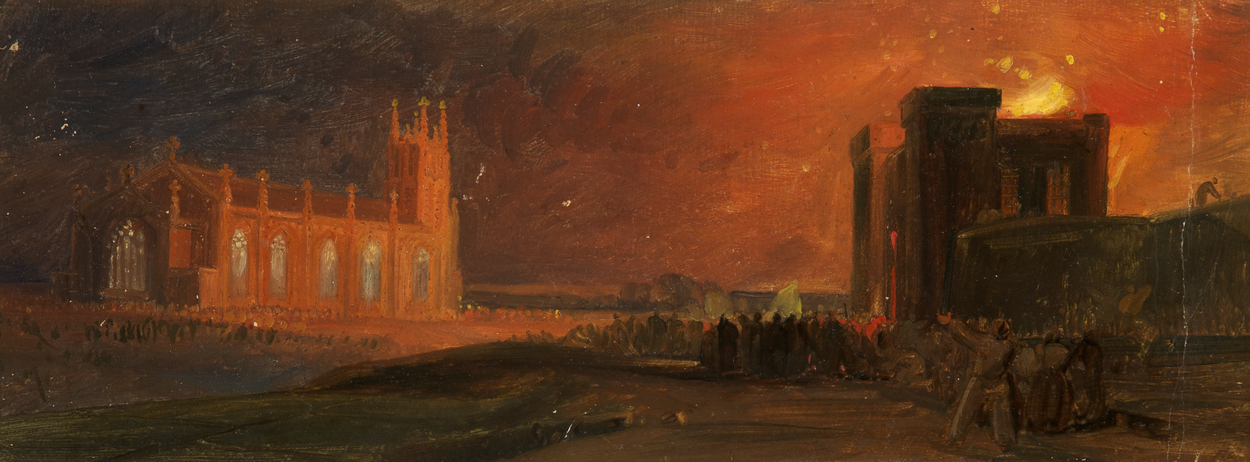 painting of fire in bristol by cathedral