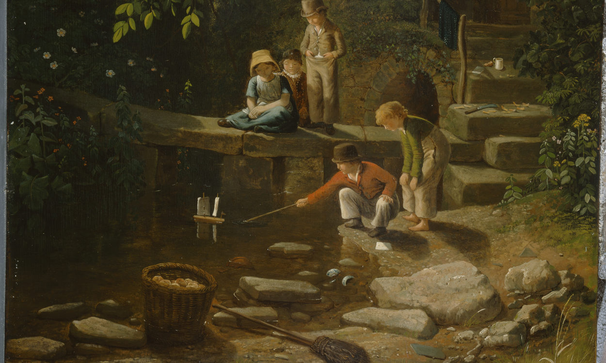 A painting of children playing by the river