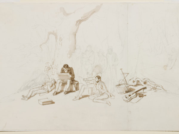 A black and white painting of a group of people sat by a tree painting