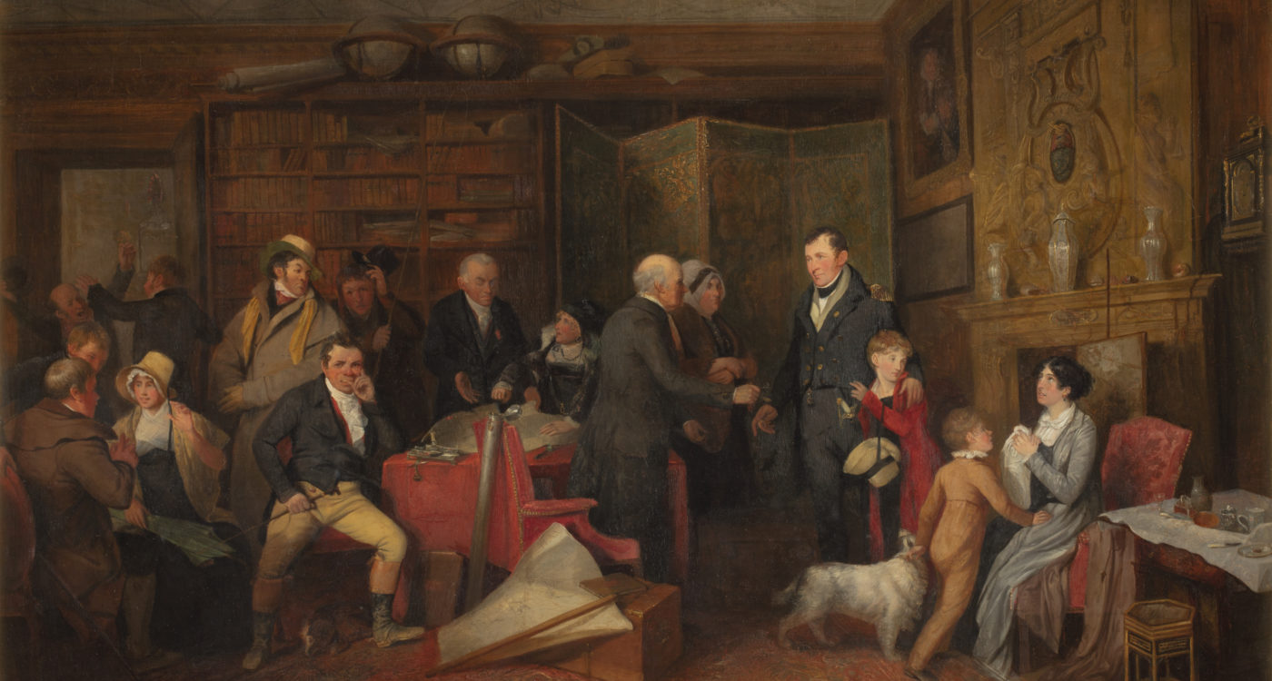 Vintage painting of a 1800's family in a library.. Edward Bird, The Reading of the Will Concluded, 1811, oil on canvas, K498