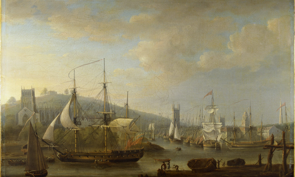 Oil on canvas painting of view of Bristol Harbour with the Cathedral and the Quay, by Nicholas Pocock, 1785. K742