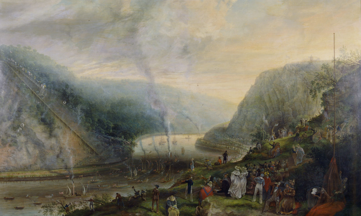 Oil on canvas painting of the Ceremony of Laying the Foundation Stone of the Clifton Suspension Bridge, 1837. By Samuel Colman.