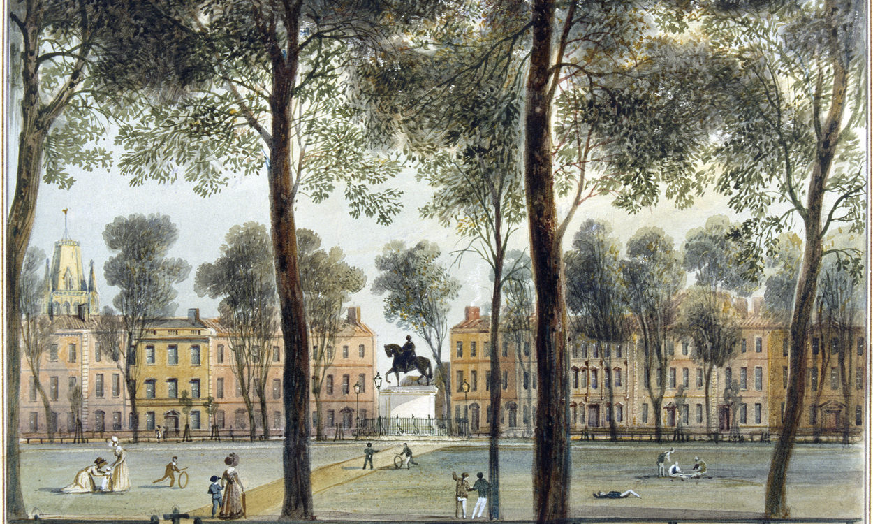 Watercolour painting of Queen Square, looking south-west. By Thomas L. Rowbotham, 1827. M2206