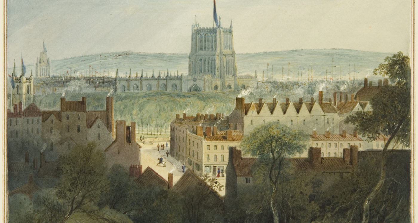 Watercolour painting of Bristol's Cathedral, College Green and College Street by Thomas Leeson Rowbotham, 1827
