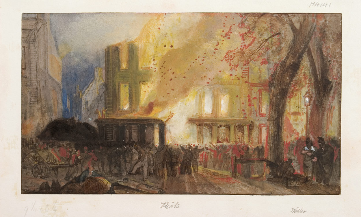 painting of a building on fire in bristol. M4141 Muller, Burning of the Custom House, Queen Square