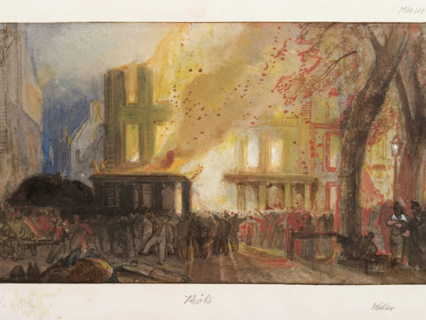 painting of a building on fire in bristol. M4141 Muller, Burning of the Custom House, Queen Square