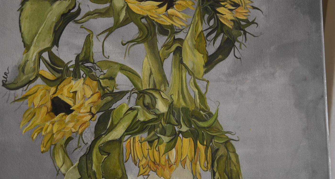 painting of a vase of sunflowers