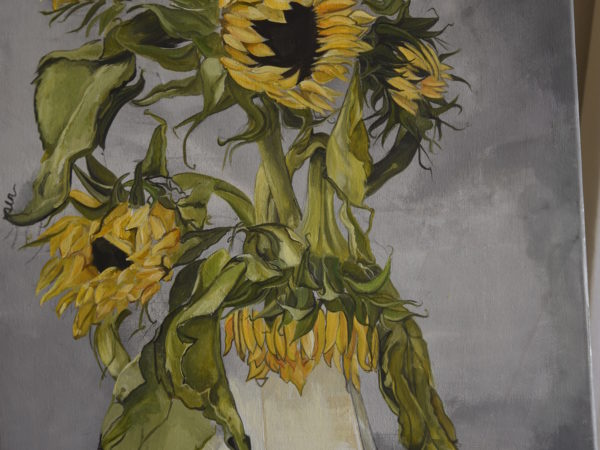 painting of a vase of sunflowers