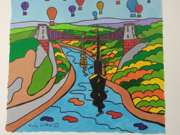 drawing of a bridge with hot air balloons