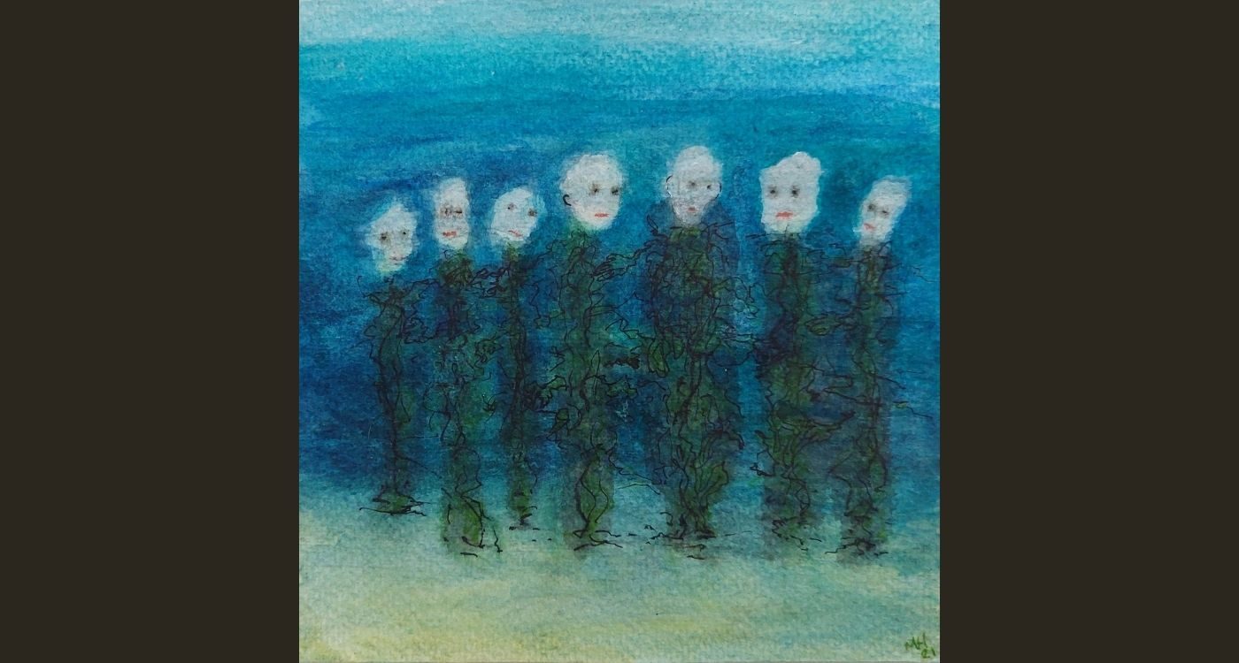 oil pastel painting of ghostly figures in the ocean