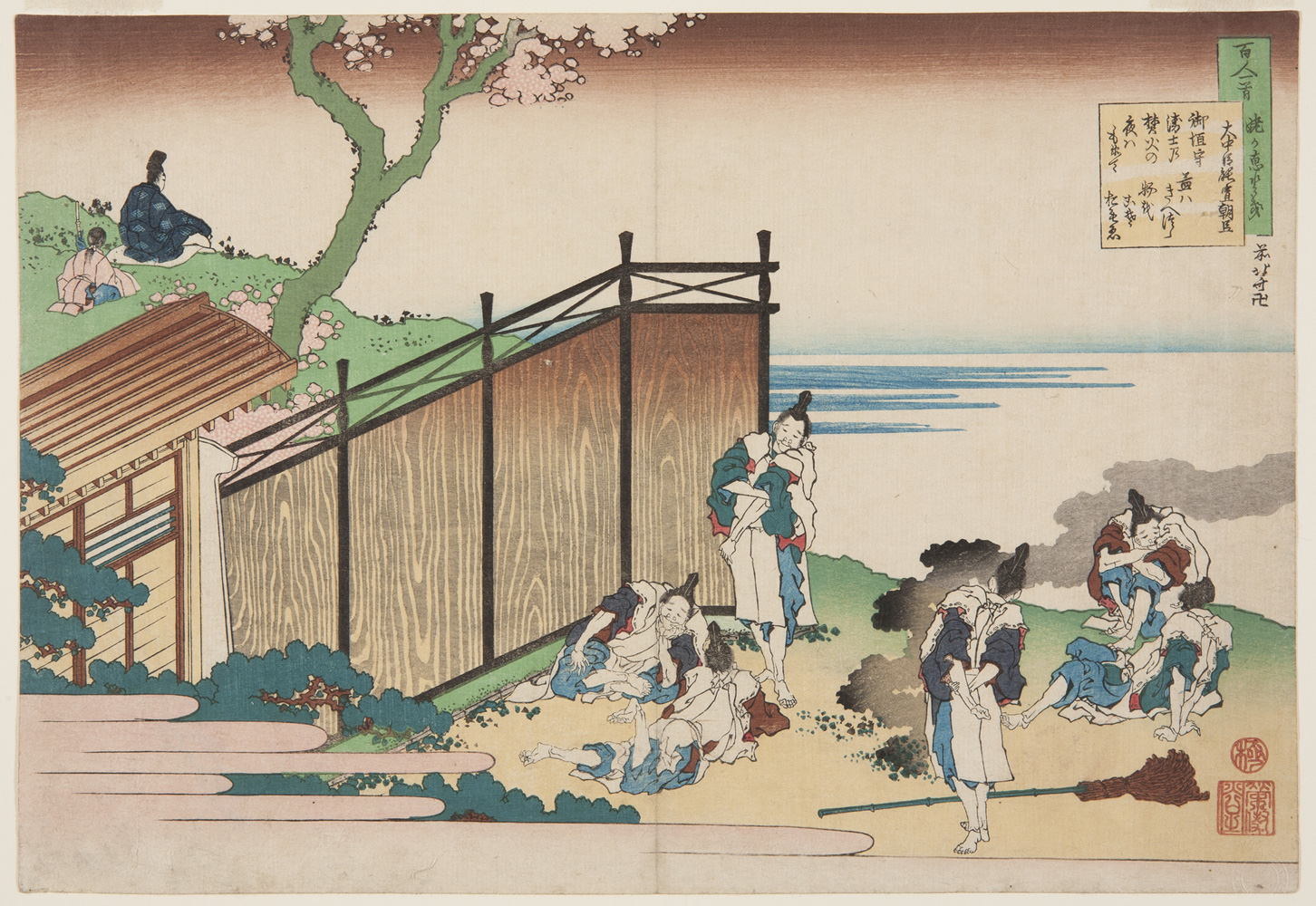 Japanese print of group of people in disheveled traditional clothes, lying, standing and sitting outside a building. Behind on a hill top a figure sits serenely looking out over the landscape, an attendant sits behind.