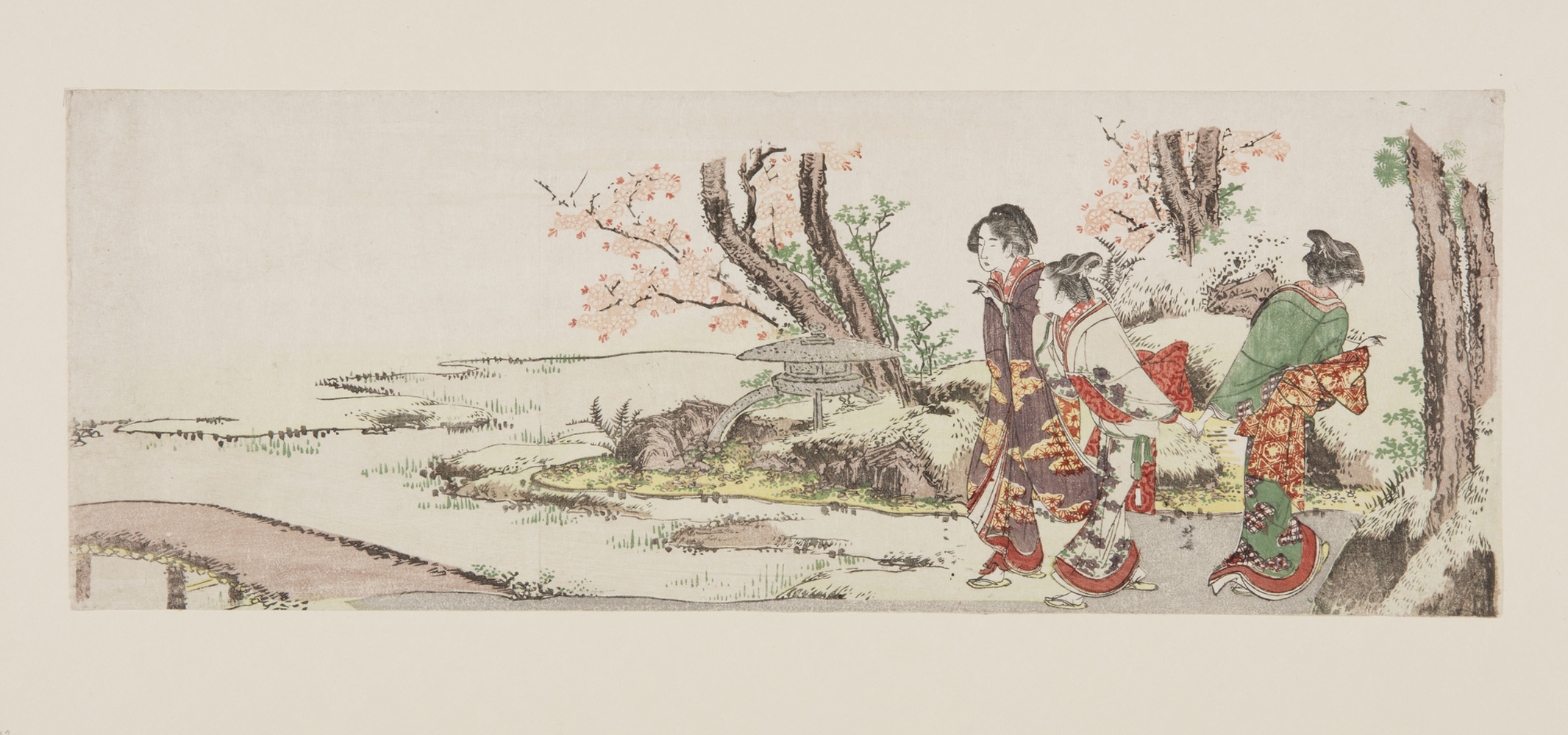 Japanese print of Three Women Viewing Cherry Blossom, The women are dressed in elaborate traditional costume.
