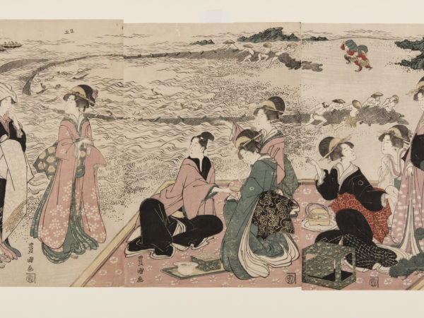 A Picnic on the Seashore, Japanese print of a group of people dressed in elaborate traditional clothes seated and standing on a picnic mat.