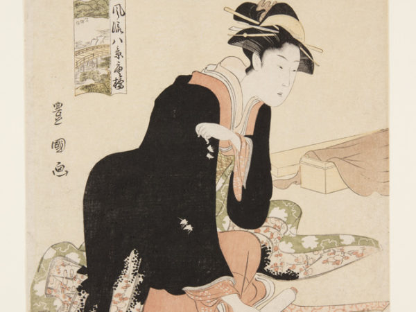 Returning Boats, 1792-94. Japanese Print of a woman dressed in traditional robes, kneeling and rolling up a picture of a landscape.