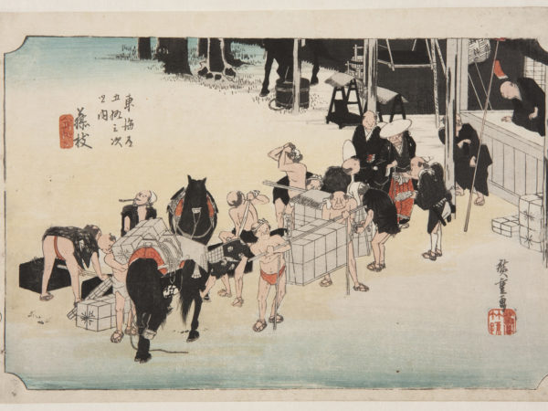 japanese print of a group of people and horses. there is a merchant in formal clothes and porters in loin clothes and sandals