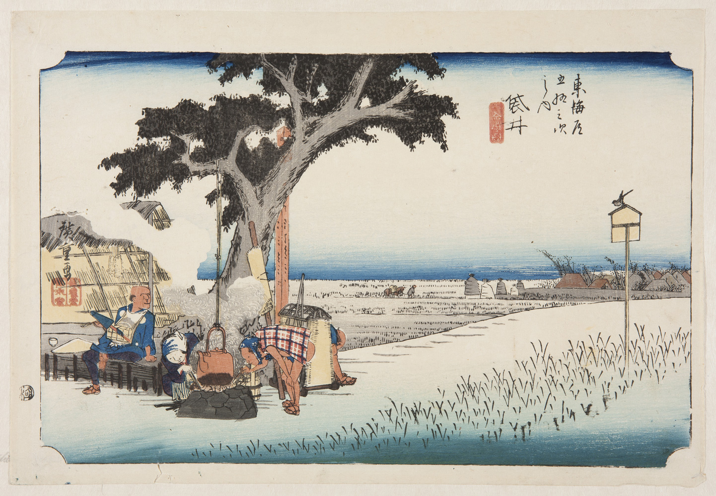 japanese print of a landscape with flat rice fields in the background. in the foreground, a kettle of tea heats up on a fire in front of a tree. a man is stooping down taking a drink of tea while a woman tends to the fire. another man rests on a bench
