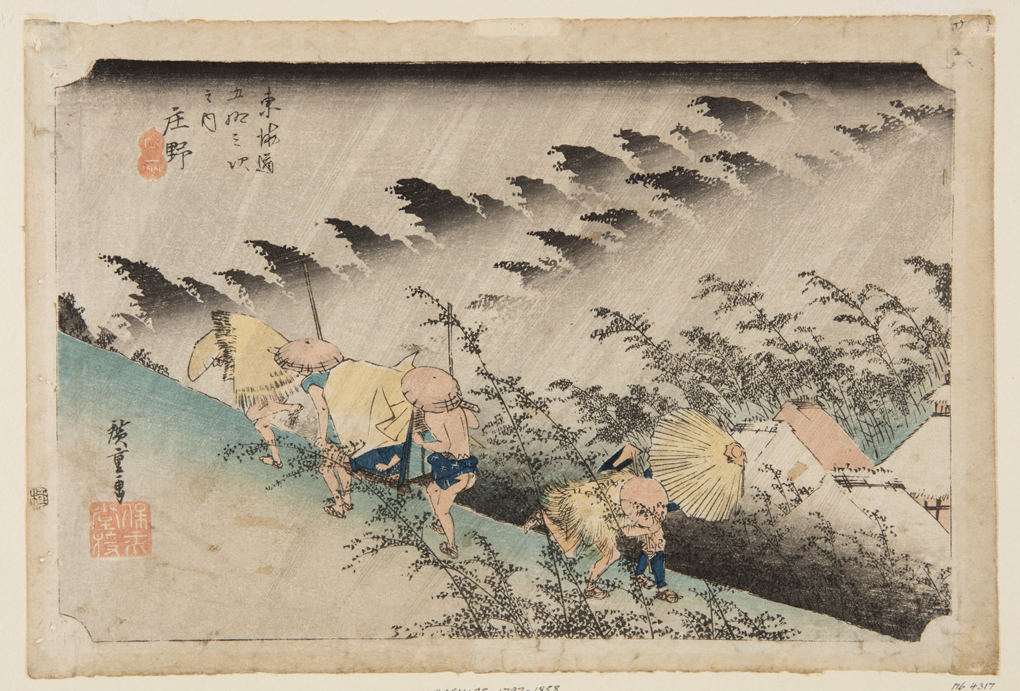 Japanese print. Travelers walk along a hillside dressed in traditional clothes. Two carry a passenger on a chair. They are bent against the weather and the rain slants across the scene top right to bottom left.