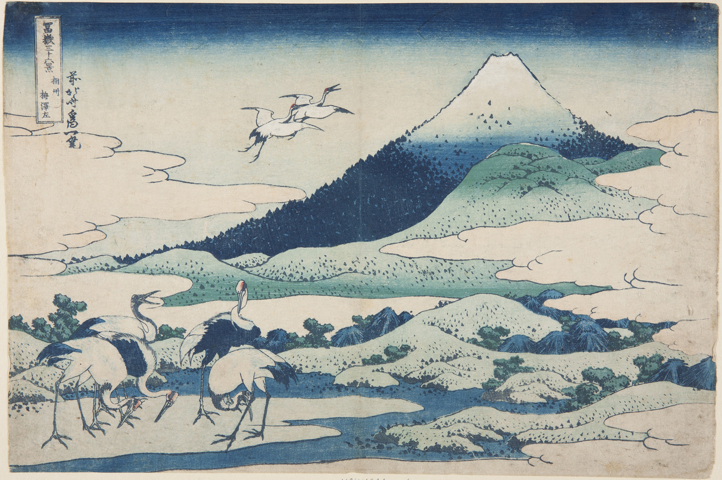 Japanese print of a landscape. In the foreground are five storks. Two additional storks fly over the landscape of hills and forests. Mount Fuji rises through the clouds.