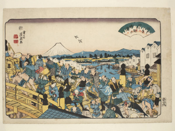 Japanese print of scene of a chaotic bridge crossing. People dressed in traditional robes, some men in loin cloths and women in kimonos. Fishermen carrying baskets of fish, others push hand carts. In the distance we see the river, buildings, mountains and Mount Fuji.