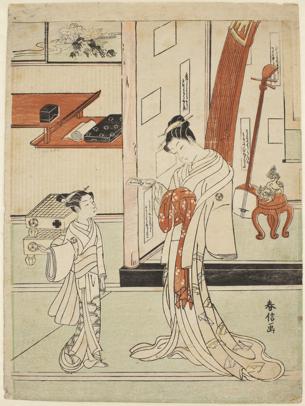 Japanese print of two figures standing in traditional robes in a room. The woman wears long flowing robes and the young attendant looks at her. Behind them are musical instruments and a stool.