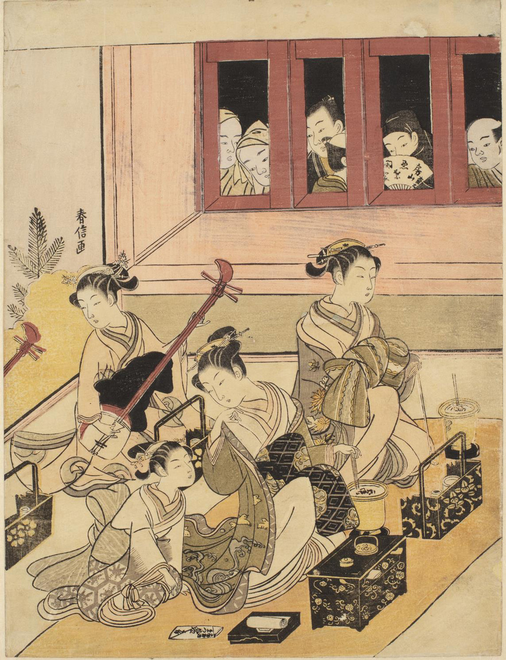 Japanese print of three female musicians and a girl attendant. They wear traditional robes and are seated and performing for an unseen audience. Behind them and peering through the four windows are six onlookers.