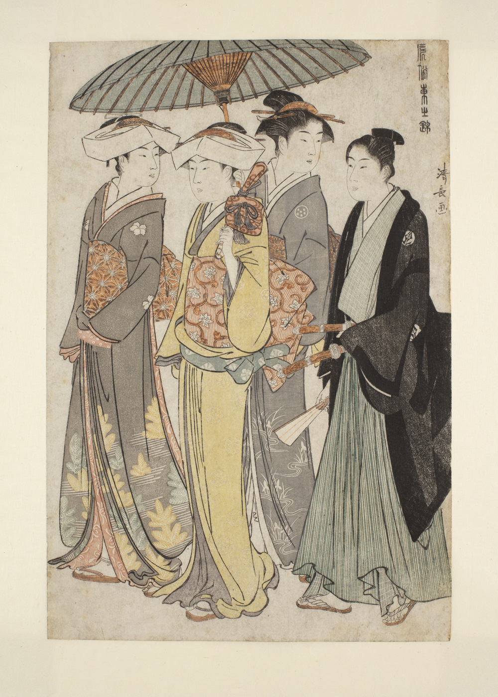 Japanese print of a group of women walking and wearing traditional robes. The first two women are elaborately dressed, a third holds a parasol over the group and a more plainly dressed one follows behind.
