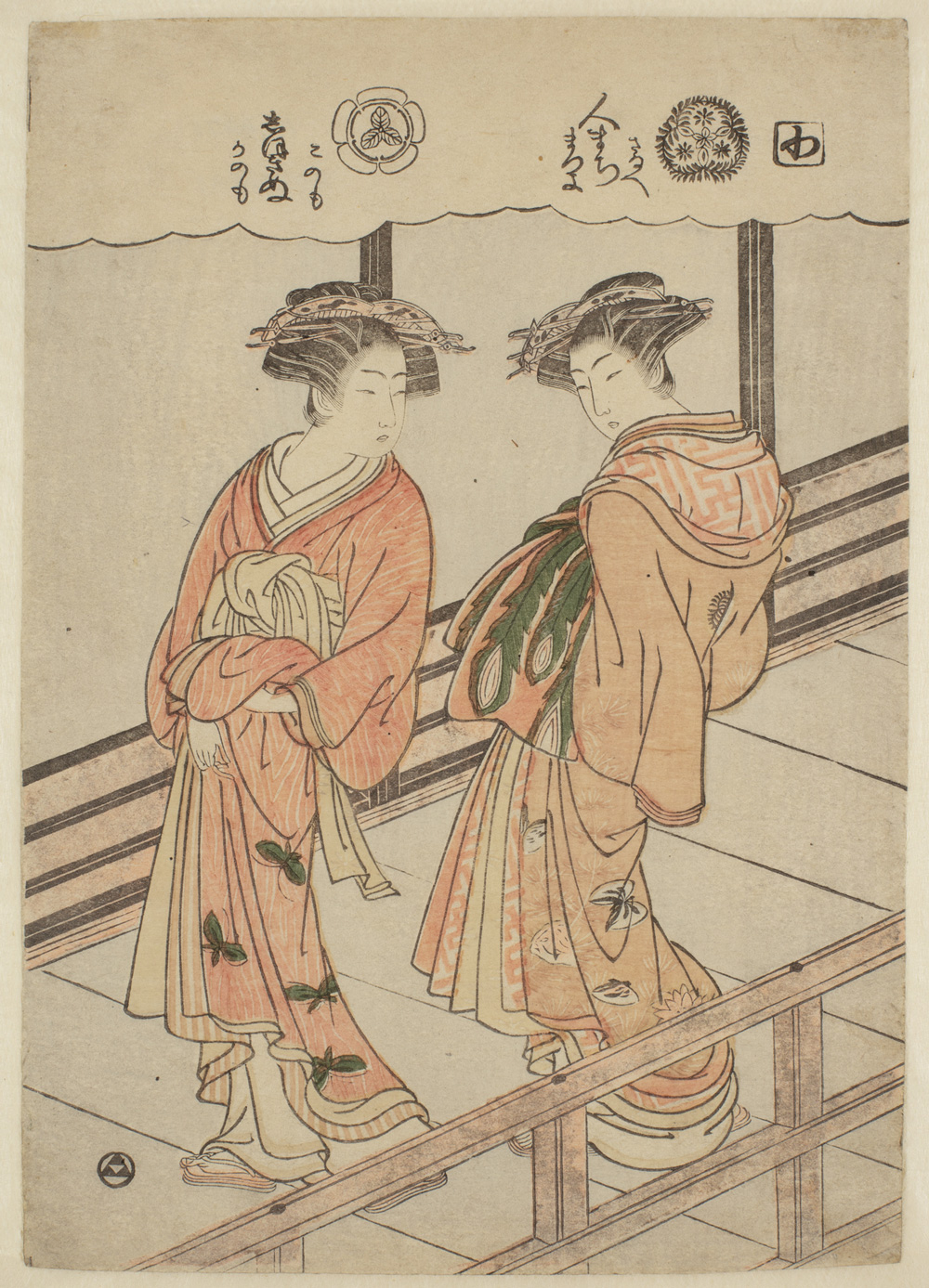 Japanese print of two women dressed in traditional robes, standing on a walkway.