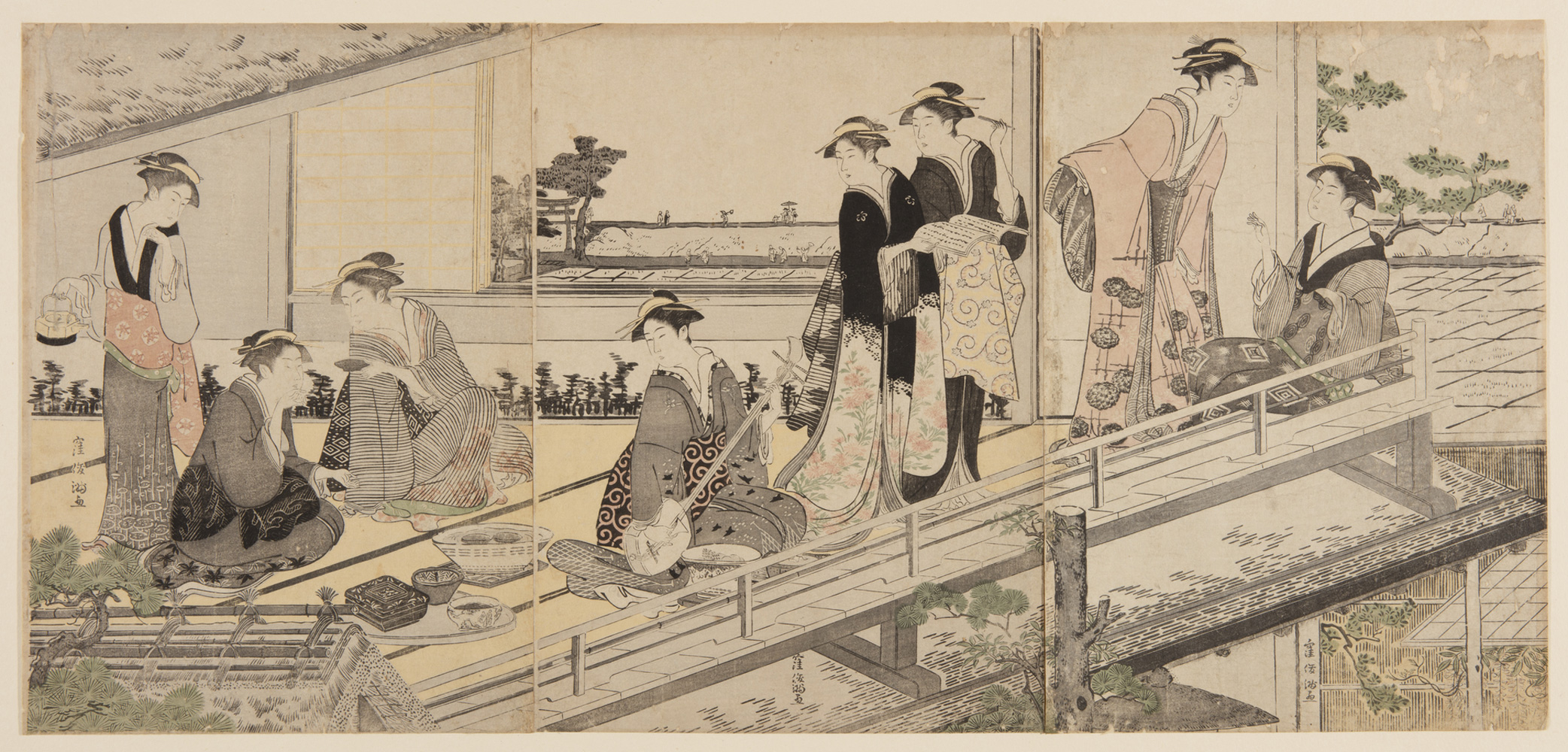 Japanese print of a group of women in traditional clothes in an upstairs room overlooking a garden. On the left two women are seated and drinking tea, next to them a woman looks down holding a teapot. In the centre a woman is kneeling playing a musical instrument, two women turn and look at her. On the right a woman is seated and a woman bends to talk to her.