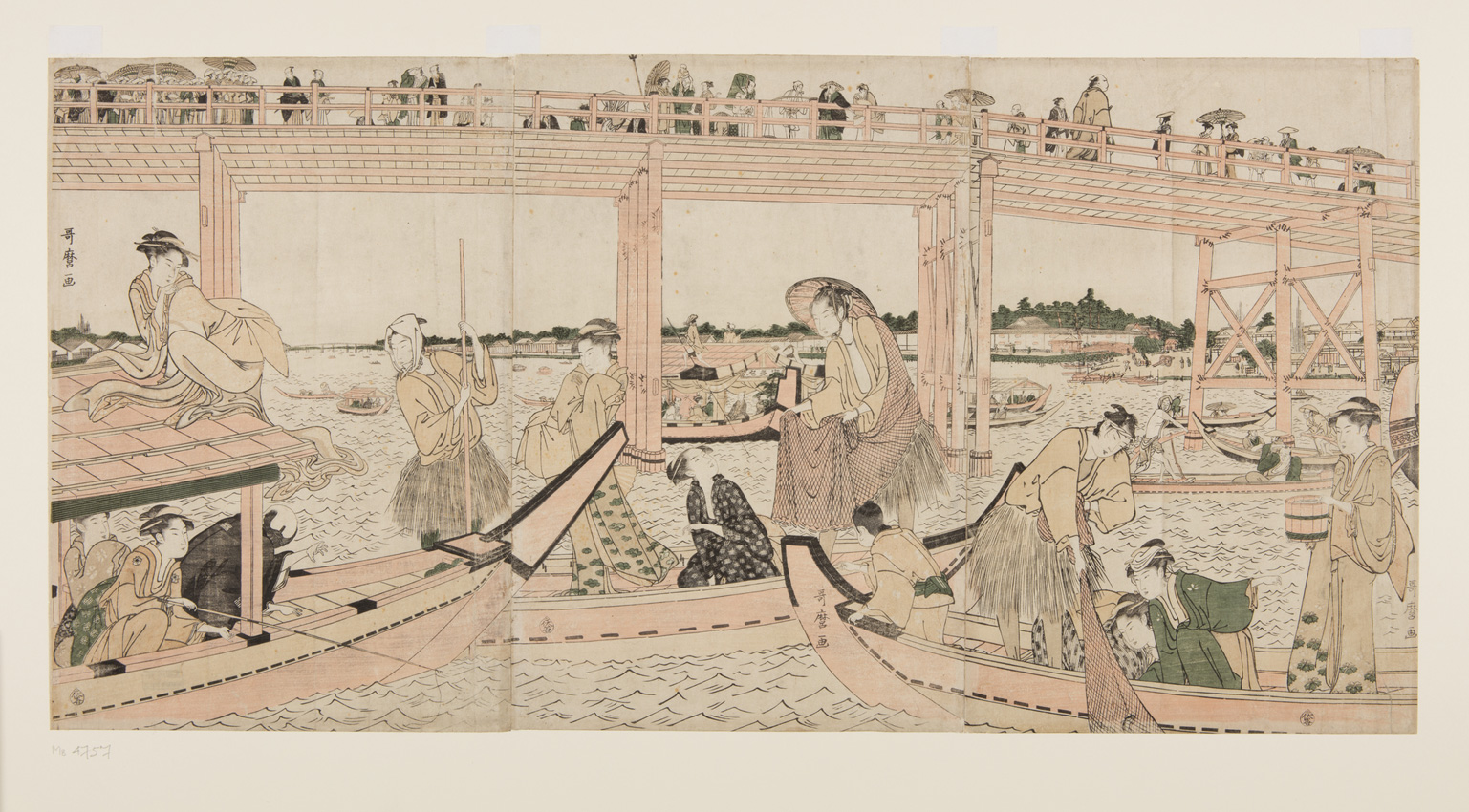 Japanese print of a busy river scene. Boats with passengers in traditional dress sail on the river, a woman climbs onto the canopy. A bridge spans the river and people walk over it.