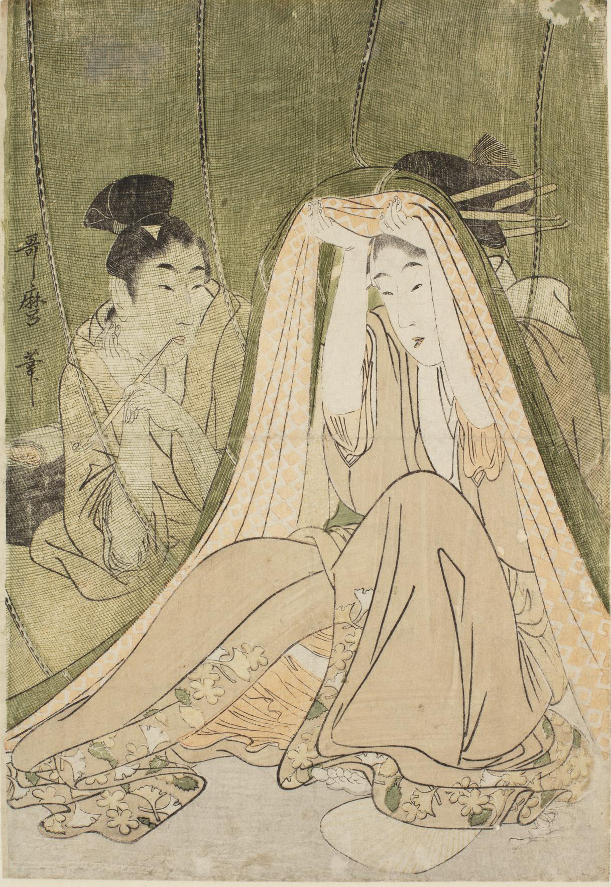 A Japanese print of two seated women dressed in traditional robes. One woman is pulling the mosquito net, which hangs down, over her head. The other person looks on behind the net .