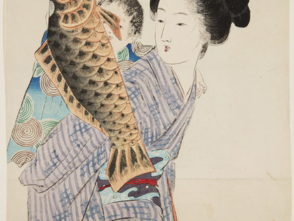Japanese print of a woman dressed in traditional clothes and a baby on her back., the child gazes at the carp shaped toy he is holding.